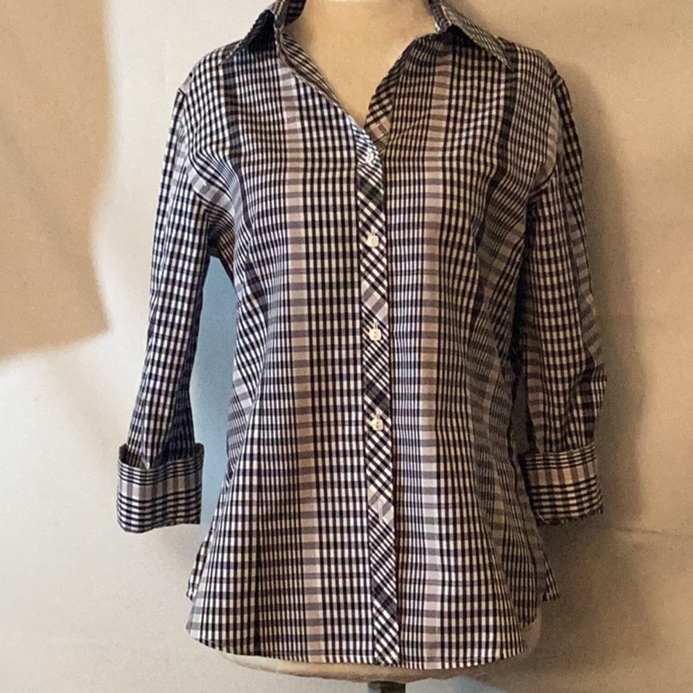 foxCroft non iron 3/4 sleeves b/down black white beige & silver fitted top #4.